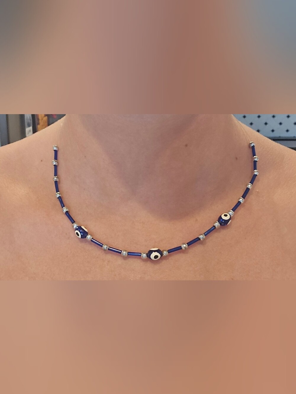 Blue Evil Eye Beaded Choker Necklace